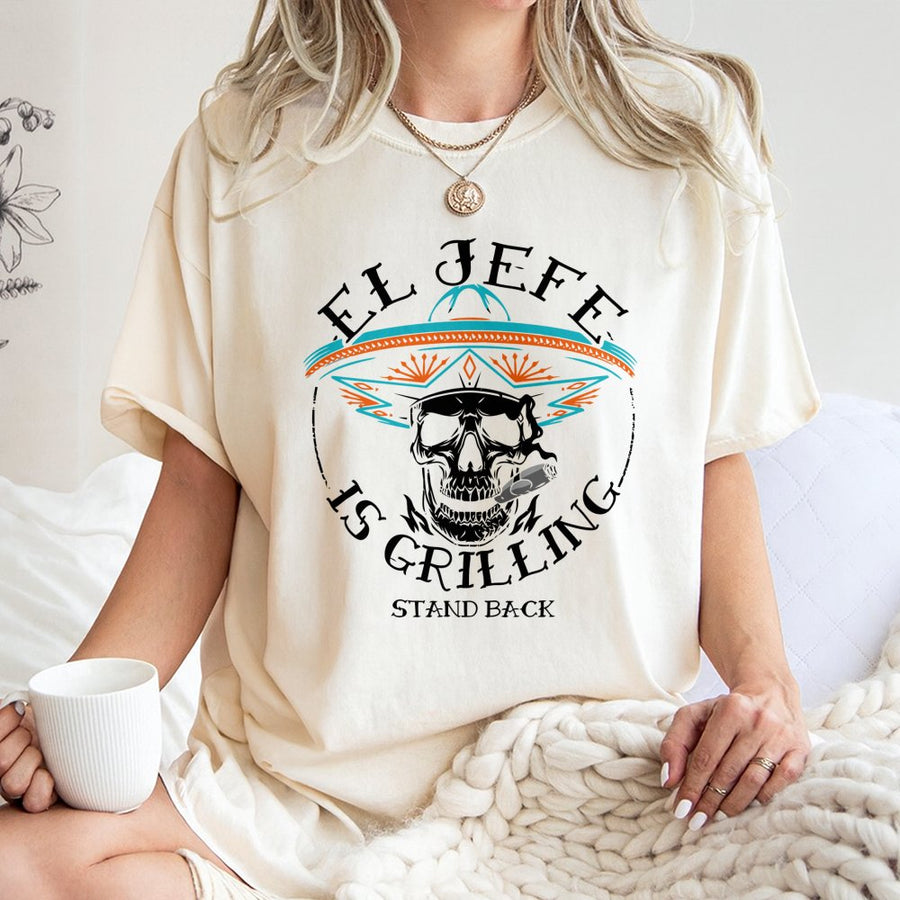El Jefe Is Grilling T-Shirt | Funny Skull With Sombrero Graphic | 100% Premium Cotton | BBQ Lover Gift For Men And Women