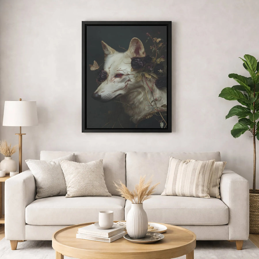 Gothic White Wolf Wall Art | Dark Floral Surrealist Portrait | Premium Gallery Canvas | Ethereal Fantasy Gift for Gothic Home Decor