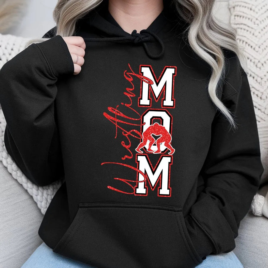 Wrestling Mom Hoodie | Glitter Script Wrestling Design | Premium Cotton Blend | Gift for Wrestling Coach Mom or Sports Fan Parent