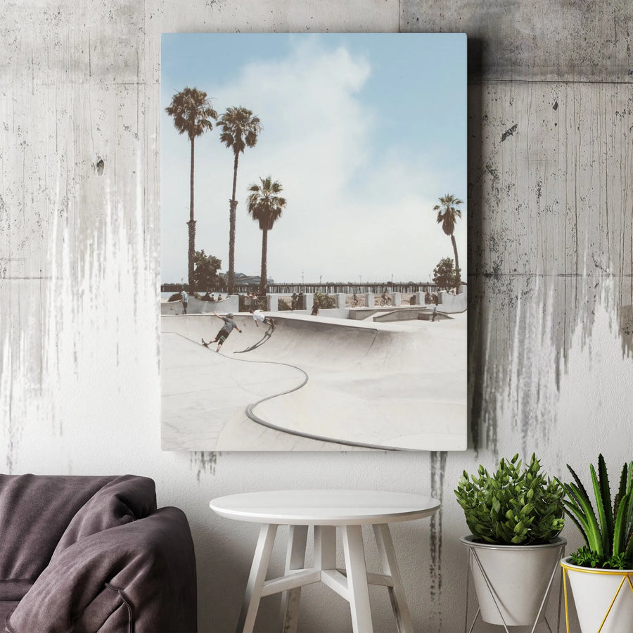 California Skatepark Vertical Canvas | Retro Beach Photo Print | Premium Gallery Wrapped Art | Skater Gift & Teen Room Decor