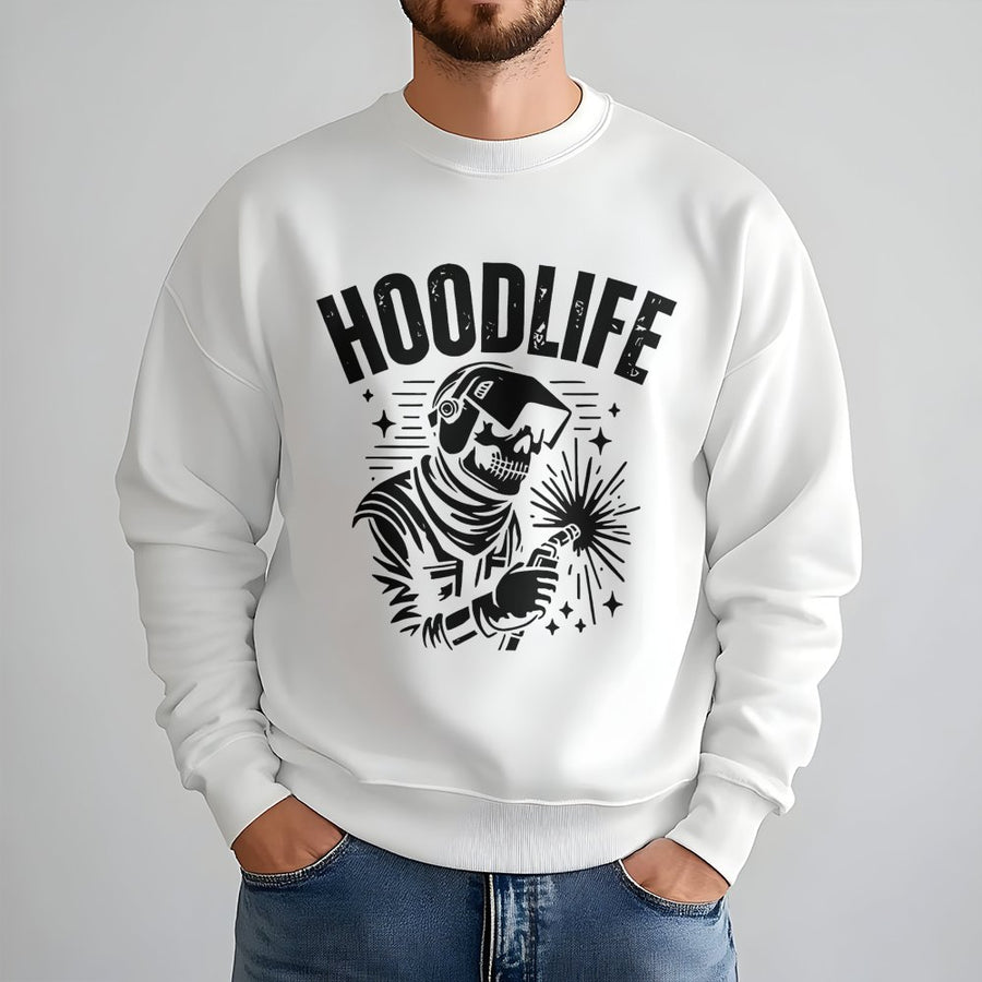 Hoodlife Welder Sweatshirt | Skeleton Metalworker Graphic | Premium Cotton Blend Crewneck | Gift for Welder, Fabricator, and Trade Worker