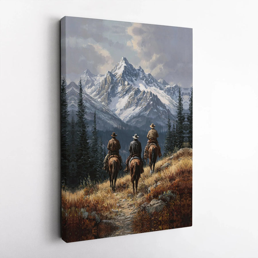 Western Cowboy Canvas Art | Three Riders In Snowy Mountains | Premium Gallery-Wrapped Print | Rustic Farmhouse Home Decor Gift