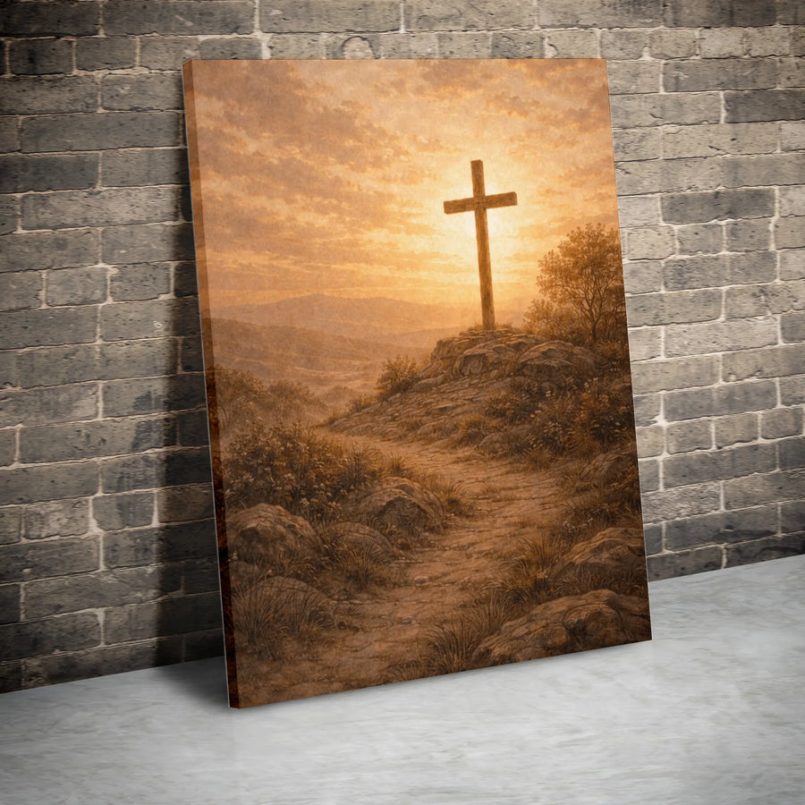 Christian Cross Vertical Canvas | Vintage Calvary Hill at Sunrise | Premium High-Resolution Print | Inspirational Religious Home Decor & Faith Based Gift