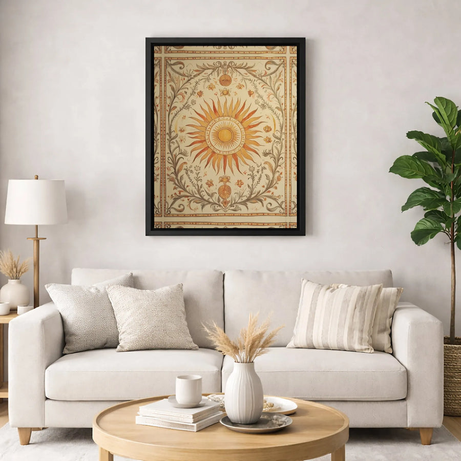 Celestial Sun Wall Art Print | Vintage Botanical Floral Border Canvas | Premium Fade-Resistant Gallery Wrap | Boho Home Decor Gift