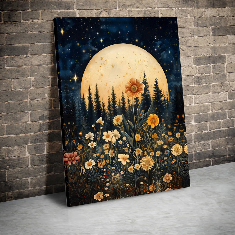 Wildflower Meadow Wall Art | Full Moon and Starry Night Print | Gallery Quality 1.25" Canvas | Botanical Night Sky Decor for Home