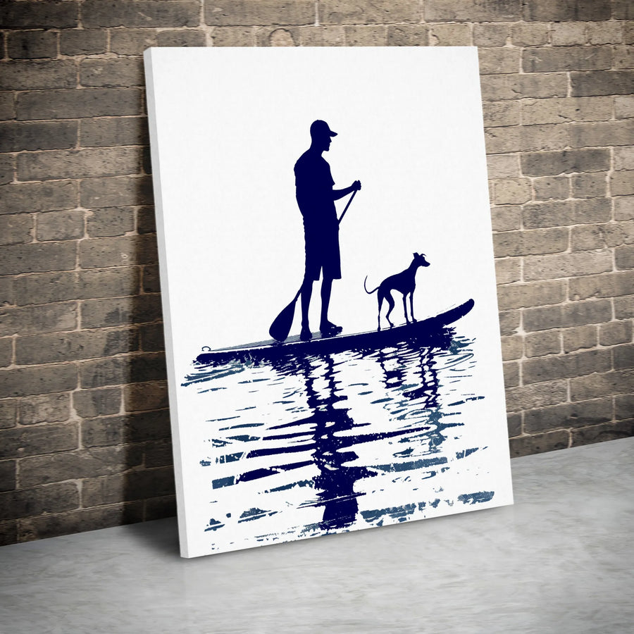 Stand Up Paddleboarding Wall Art | Man and Dog Silhouette Print | Premium Gallery Wrapped Canvas | Water Sports Home Decor Gift