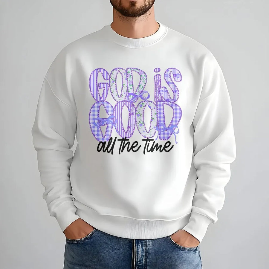 God Is Good Sweatshirt | Purple Patchwork Floral Lettering | Premium Soft Cotton Tee | Inspirational Christian Gift for Women