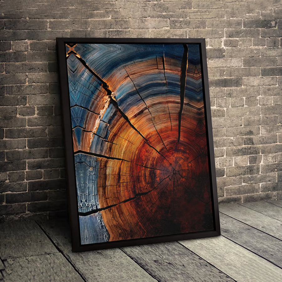 Abstract Tree Rings Wall Art | Vibrant Blue and Orange Wood Grain Print | Premium Gallery Wrapped Canvas | Modern Home Decor Gift