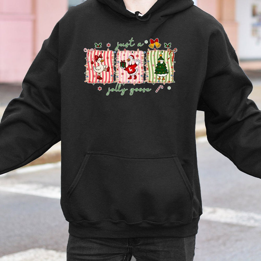Jolly Goose Christmas Hoodie | Cute Santa Duck Holiday Graphic | Soft Cotton Blend Sweatshirt | Funny Winter Gift for Goose Lovers