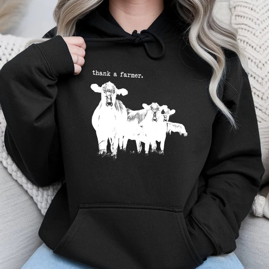 Thank A Farmer Hoodie | Western Cattle Farm Graphic | Premium Cotton Blend | Unisex Agriculture Gift for Farmers and Ranchers