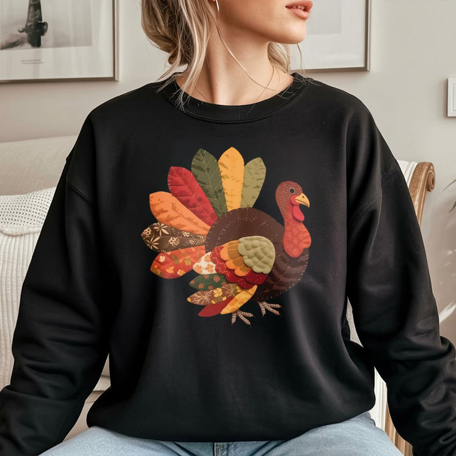 Patchwork Turkey Thanksgiving Sweatshirt | Boho Fall Leaf Pattern Graphic | Premium Cotton Blend Unisex Crewneck | Cute Autumn Holiday Gift for Her