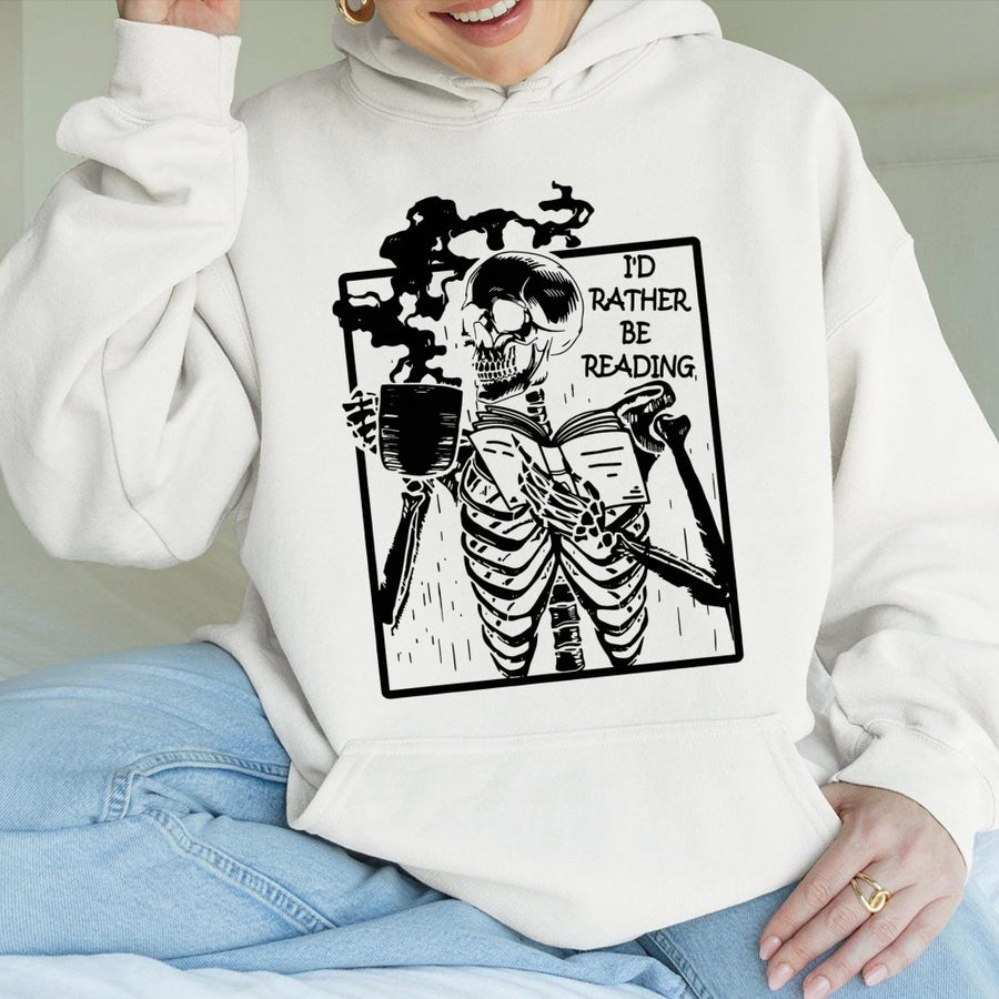 I'd Rather Be Reading Hoodie | Skeleton Book Lover Graphic | Premium Cotton Blend Unisex Sweatshirt | Gift for Readers Bookworm Apparel