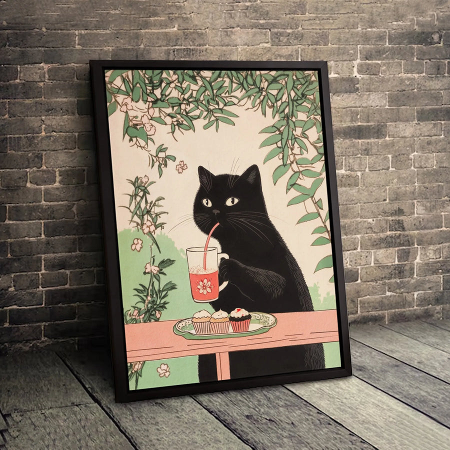 Black Cat Wall Art | Vintage Japanese Ukiyo-e Style Illustration | Premium Gallery-Wrapped Canvas | Cute Animal Kitchen Decor Gift