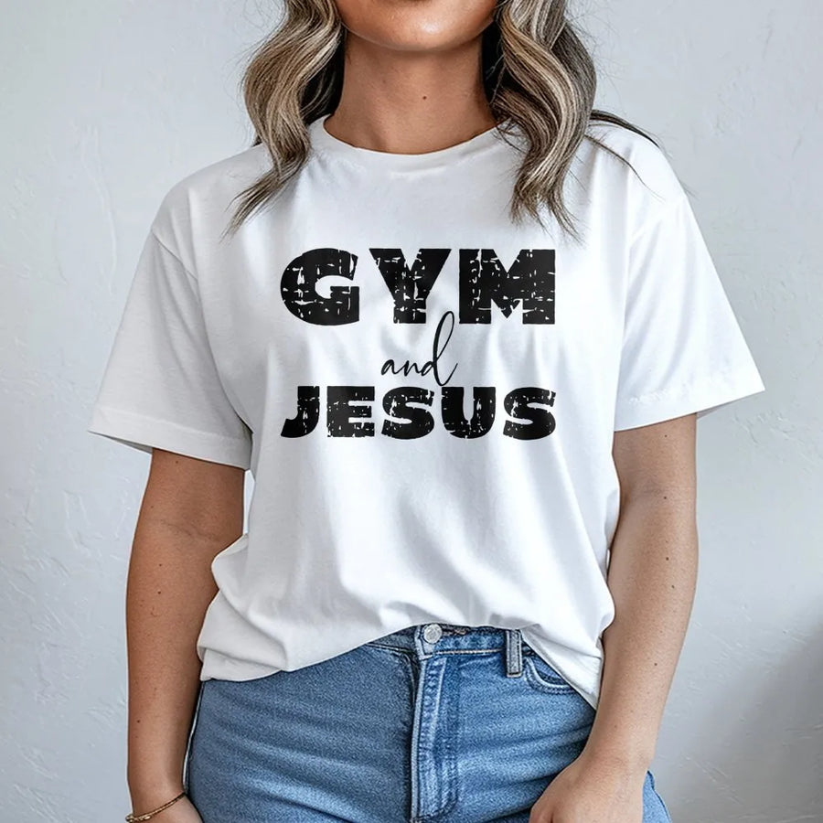 Gym and Jesus T-Shirt | Distressed Graphic Christian Workout Tee | Premium 100% Cotton | Inspirational Fitness Apparel Gift for Women and Men