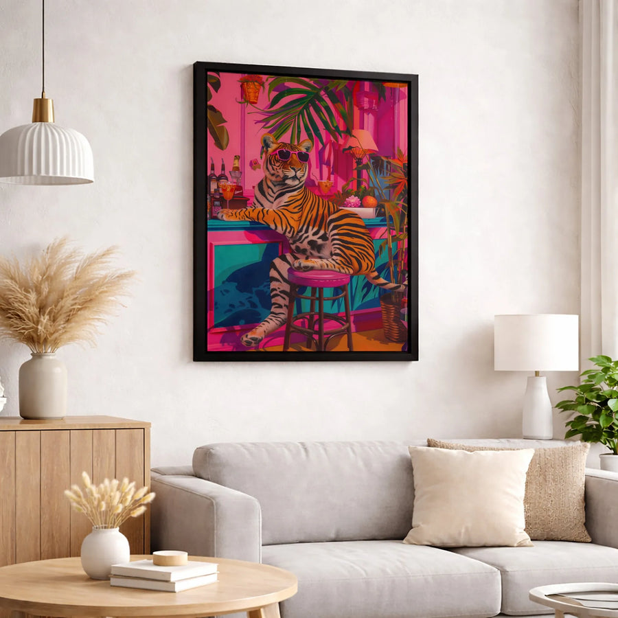 Tropical Tiger Wall Art | Funky Animal With Sunglasses Bar Decor | Premium Fade-Resistant Canvas | Bold Pop Art Gift For Home Office