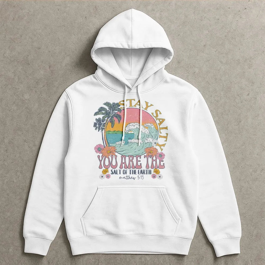 Stay Salty Christian Hoodie | Retro Beach Wave Graphic with Matthew 5:13 Verse | Soft Cotton-Blend Sweatshirt | Faith Based Gift for Women
