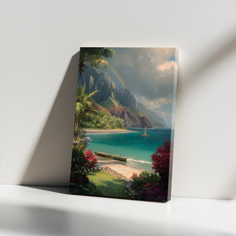 Tropical Hawaiian Coast Canvas Print | Rainbow Over Lush Mountain Bay | Premium Gallery Wrap Wall Art | Coastal Decor for Living Room Office