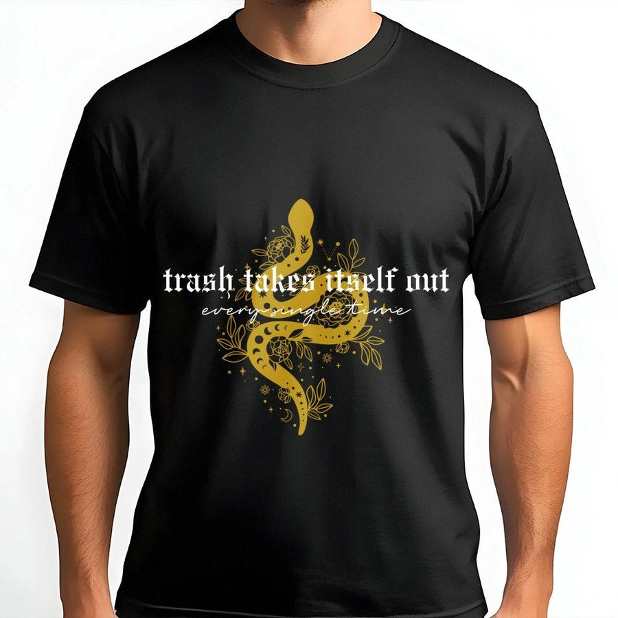 T-shirt « Les ordures s’en vont toutes seules » | Motif floral serpent céleste et lune | T-shirt premium 100 % coton | Cadeau sarcastique pour elle