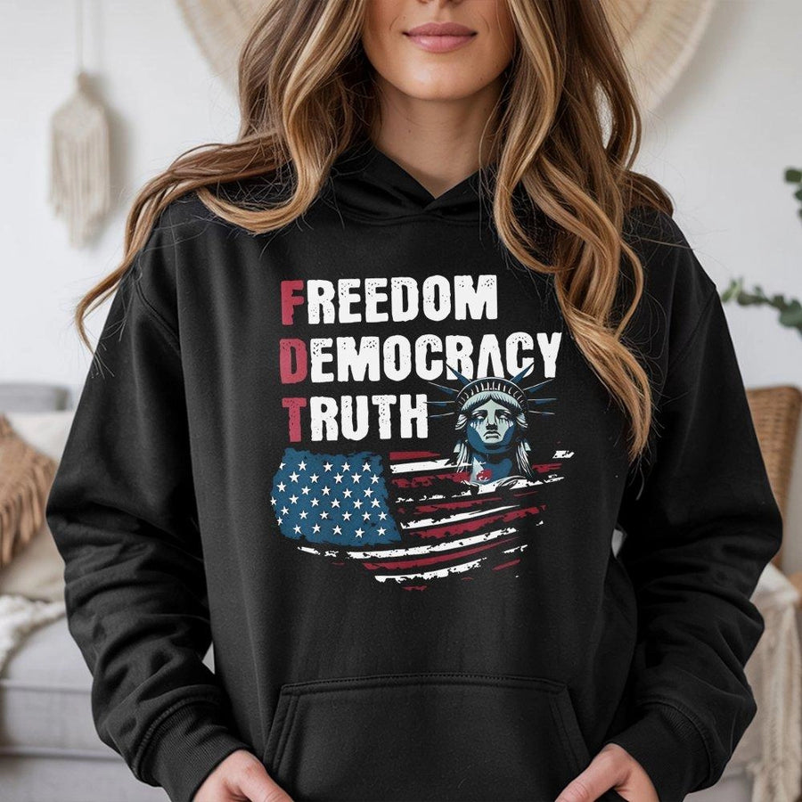 Freedom Democracy Truth Hoodie | American Flag Liberty Statue Graphic | Premium Cotton Blend | Patriotic Gift for Men and Women
