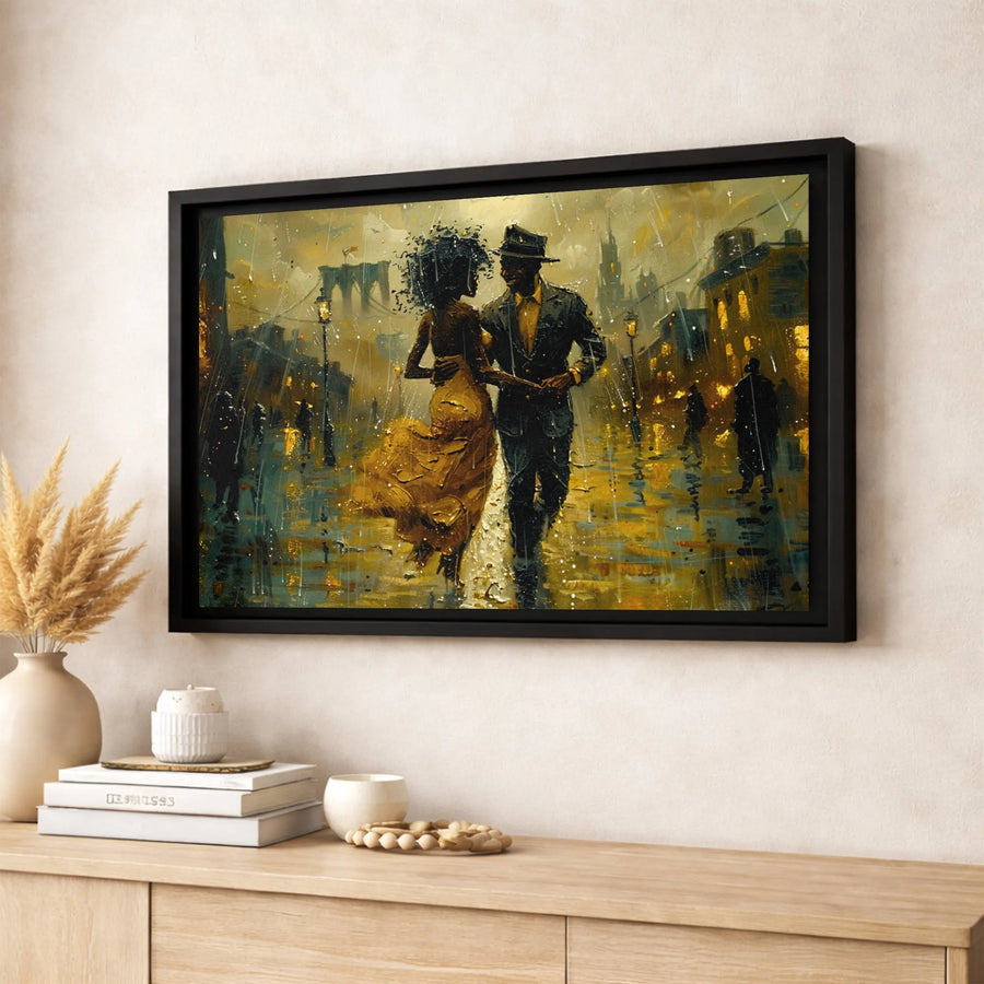 Black Couple Dancing in the Rain Canvas | Romantic Cityscape Wall Art | Premium Gallery-Wrapped Print | Anniversary Gift for Couple
