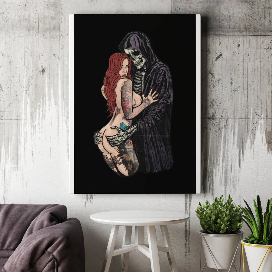 Grim Reaper Canvas Wall Art | Tattooed Woman Dark Romance Print | Premium Gallery Wrap Canvas | Collector's Gothic Home Decor Gift