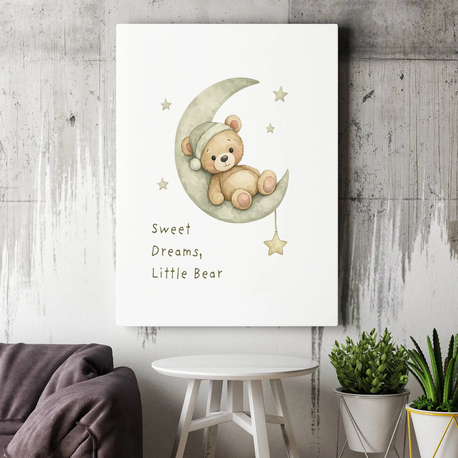 Nursery Wall Art Canvas | Watercolor Teddy Bear on Moon | Premium 1.25-Inch Gallery Wrap | Sweet Dreams Baby Room Decor Gift