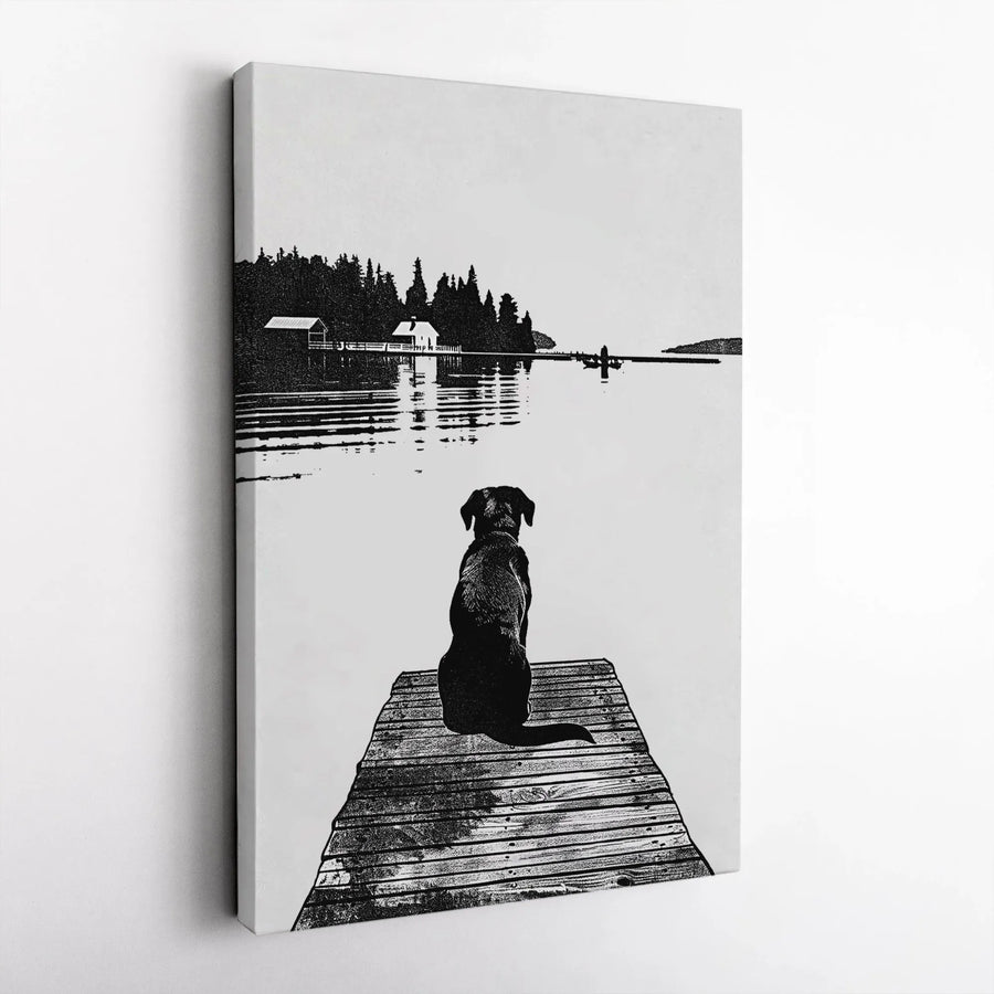 Black Labrador Dog on Dock Canvas Art | Lake House Landscape Print | Premium 1.25-Inch Gallery Wrap | Minimalist Nature Wall Decor Gift