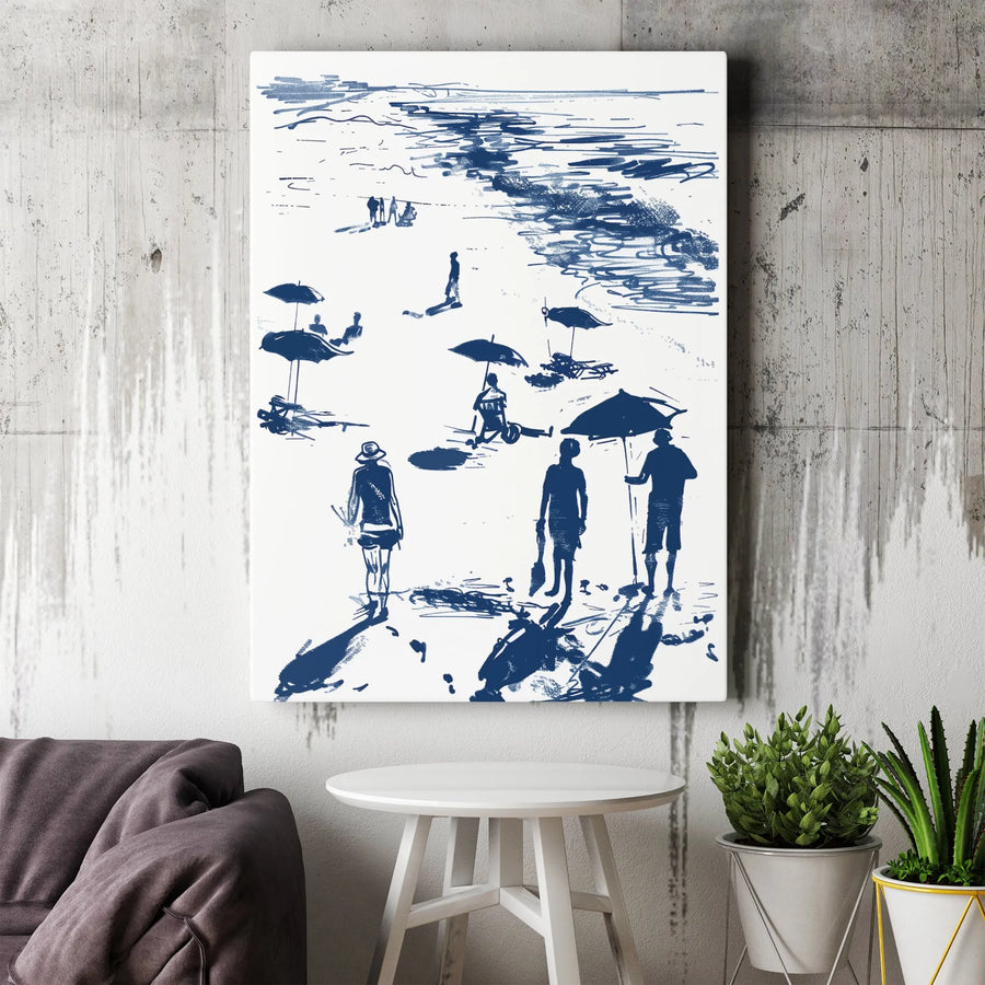 Coastal Beach Art Canvas | Navy Blue Summer Sketch Print | Premium Gallery Wrapped Wall Decor | Minimalist Seascape Gift for Home Office