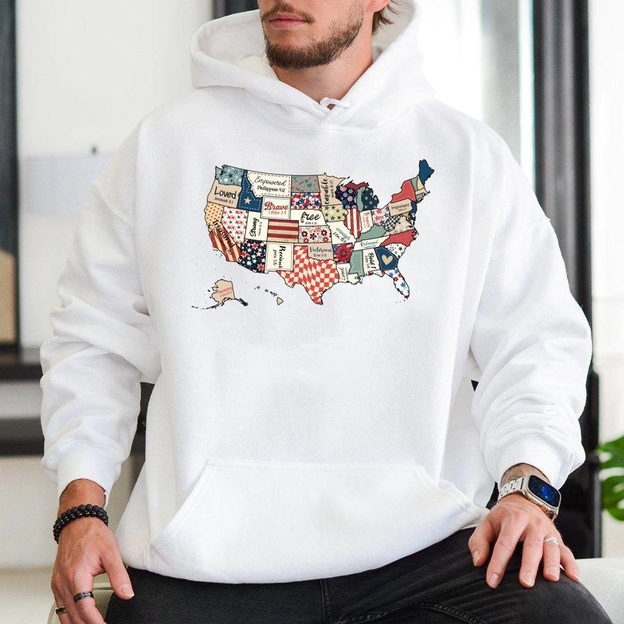 USA Map Hoodie | Patriotic Bible Verse Graphic Design | Premium Cotton Blend | Gift for Christian Women and 4th of July Celebration