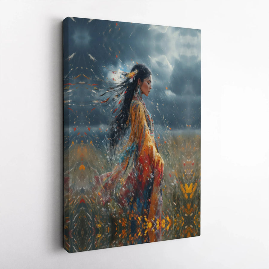 Native American Woman Wall Art | Stormy Abstract Portrait Canvas | Premium 1.25-Inch Gallery Wrap | Spiritual Home Decor Gift