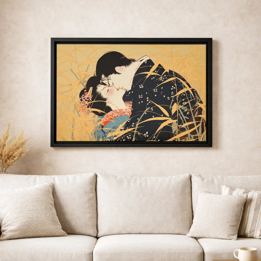 Japanese Art Canvas Print | Ukiyo-E Romantic Couple in Tall Grass | Premium 1.25-Inch Gallery Wrap | Anniversary Gift for Couples Home Decor