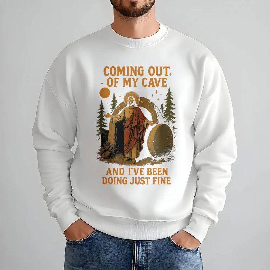 Funny Easter Sweatshirt | Jesus Coming Out Of My Cave Meme Graphic | Premium Cotton Blend Crewneck | Religious Humor Gift For Christian