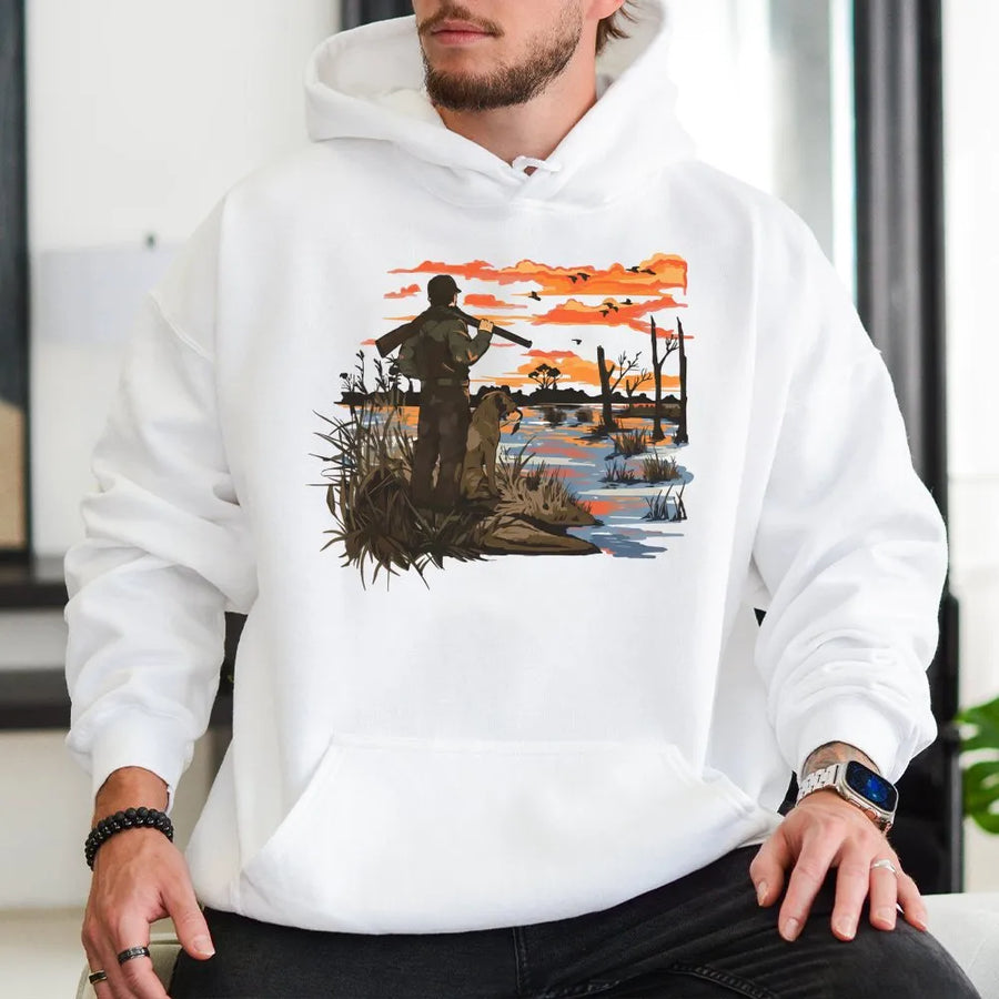 Duck Hunting Hoodie | Vintage Hunter And Dog Landscape Graphic | Premium Cotton Blend Apparel | Outdoor Gift For Waterfowl Hunters