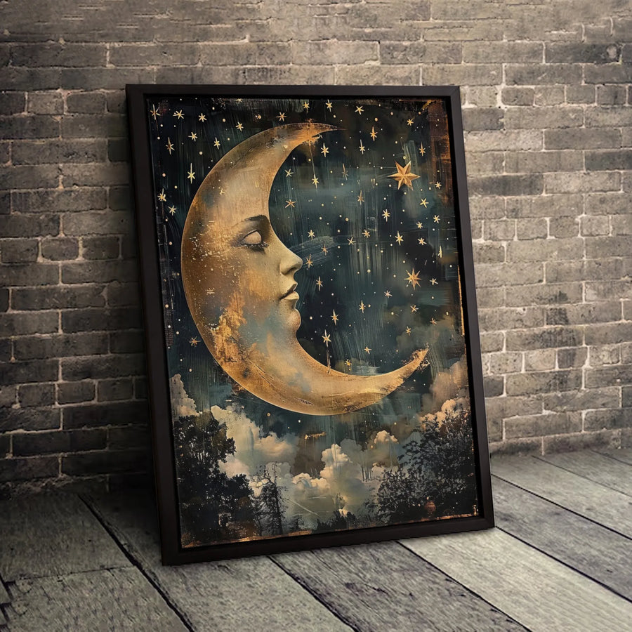 Crescent Moon Wall Art | Vintage Celestial Face Print | Premium 1.25-Inch Gallery Wrapped Canvas | Mystical Decor for Bedroom or Living Room