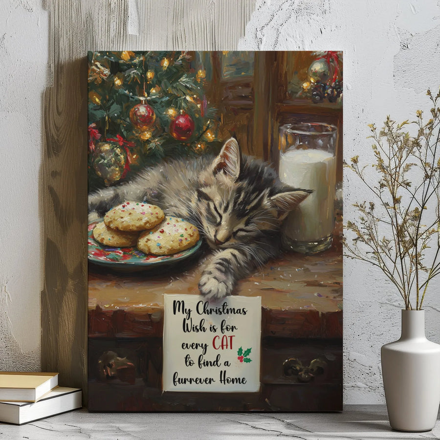 Sleeping Kitten Christmas Canvas Art | Furrever Home Holiday Wall Decor | Premium Stretched Gallery Wrap | Cat Lover Gift Idea
