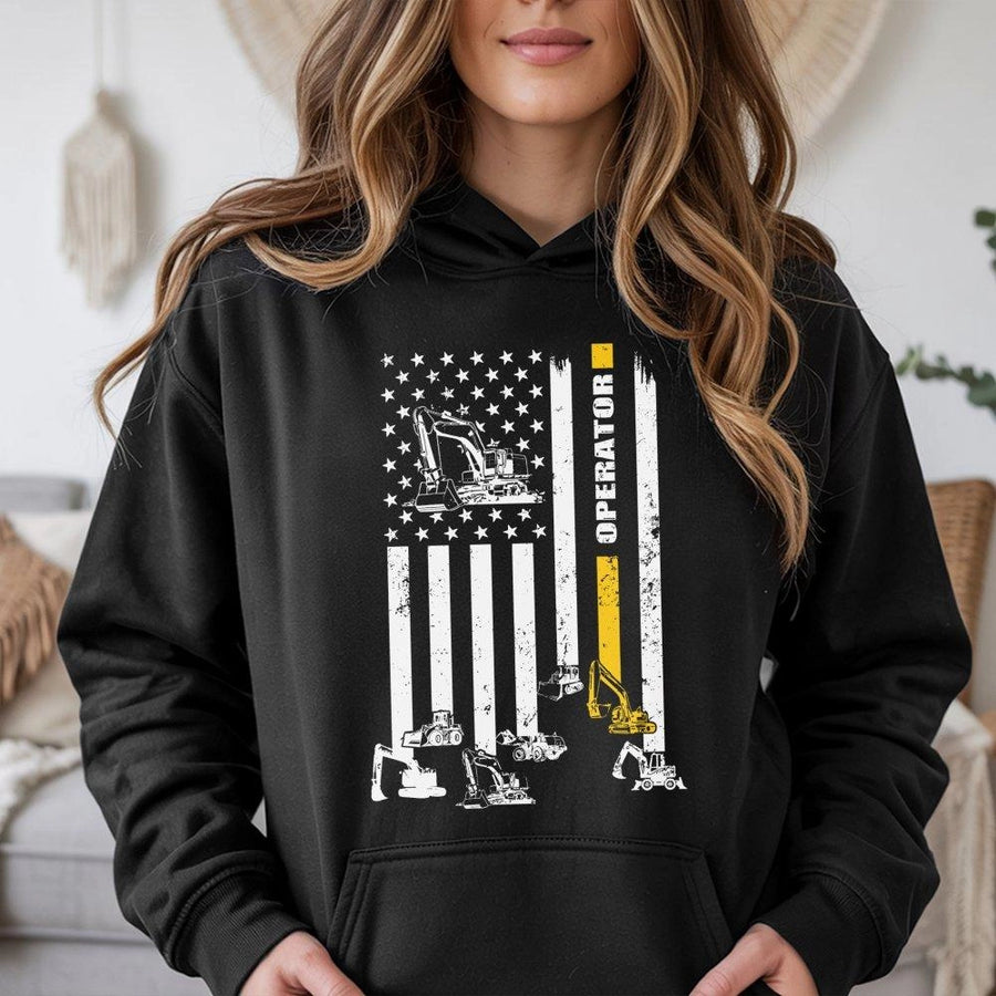 Excavator Operator Hoodie | Distressed American Flag Heavy Equipment Design | Premium Cotton-Poly Blend | Patriotic Gift for Construction Workers