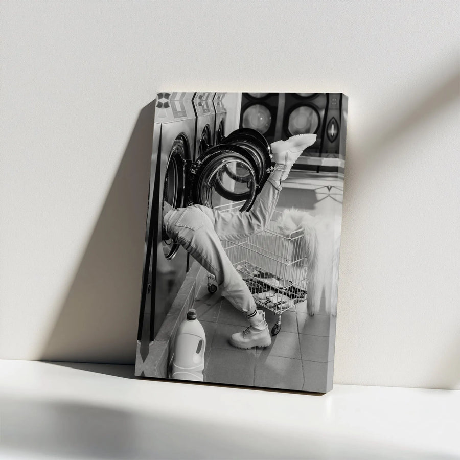 Funny Laundromat Canvas Print | Surreal Black and White Photography | Premium Gallery Wrapped Wall Art | Unique Modern Apartment Decor Gift