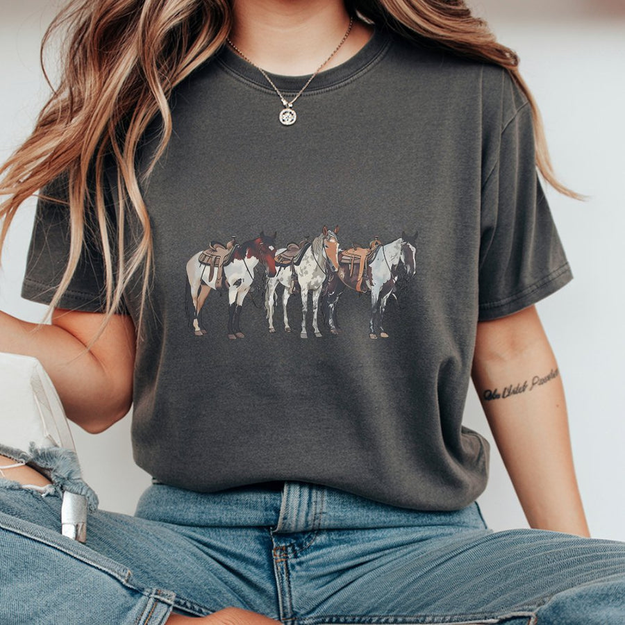 Western Horse T-Shirt | Saddle Ranch Graphic Design | 100% Cotton Premium Tee | Cowgirl Aesthetic Apparel for Horse Lovers & Rodeo Fans