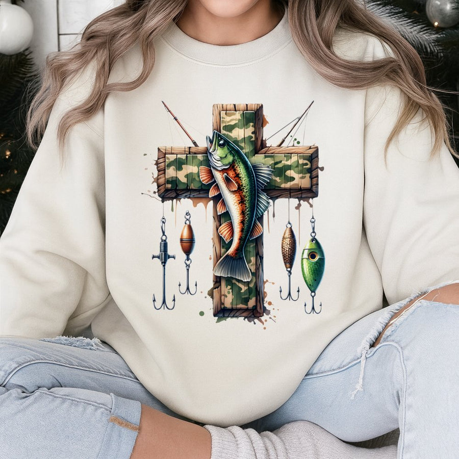 Fishing Cross Sweatshirt | Camo Faith Graphic Print | Premium Cotton Blend Unisex Crewneck | Religious Outdoor Dad Gift For Fishermen