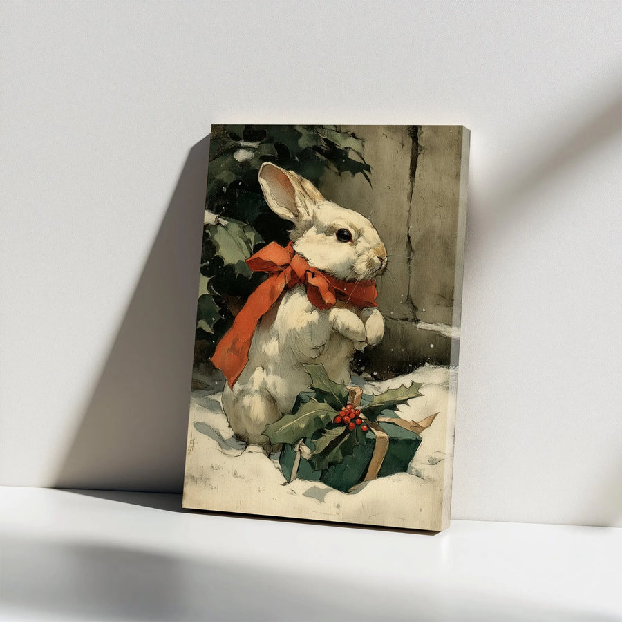 Vintage Christmas Rabbit Canvas | Red Bow & Holly Winter Art | Gallery Wrap 1.25 inch | Festive Farmhouse Holiday Home Decor Gift