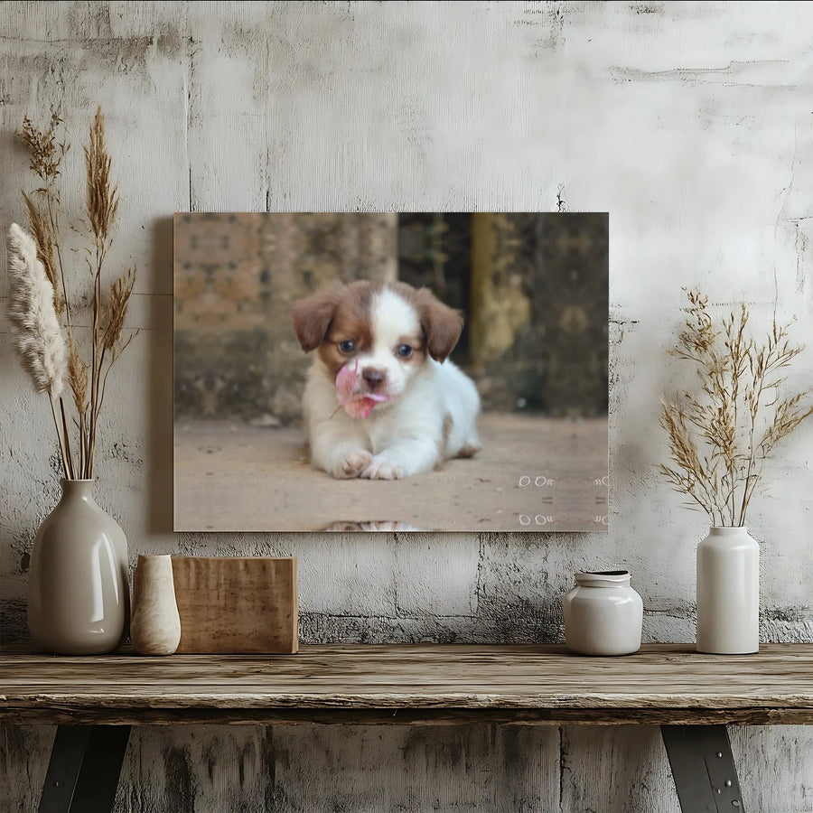 Cute Puppy Canvas Wall Art | Adorable Dog with Pink Flower Photo | Premium Gallery Wrapped Print | Gift for Dog Lovers & Nursery Decor