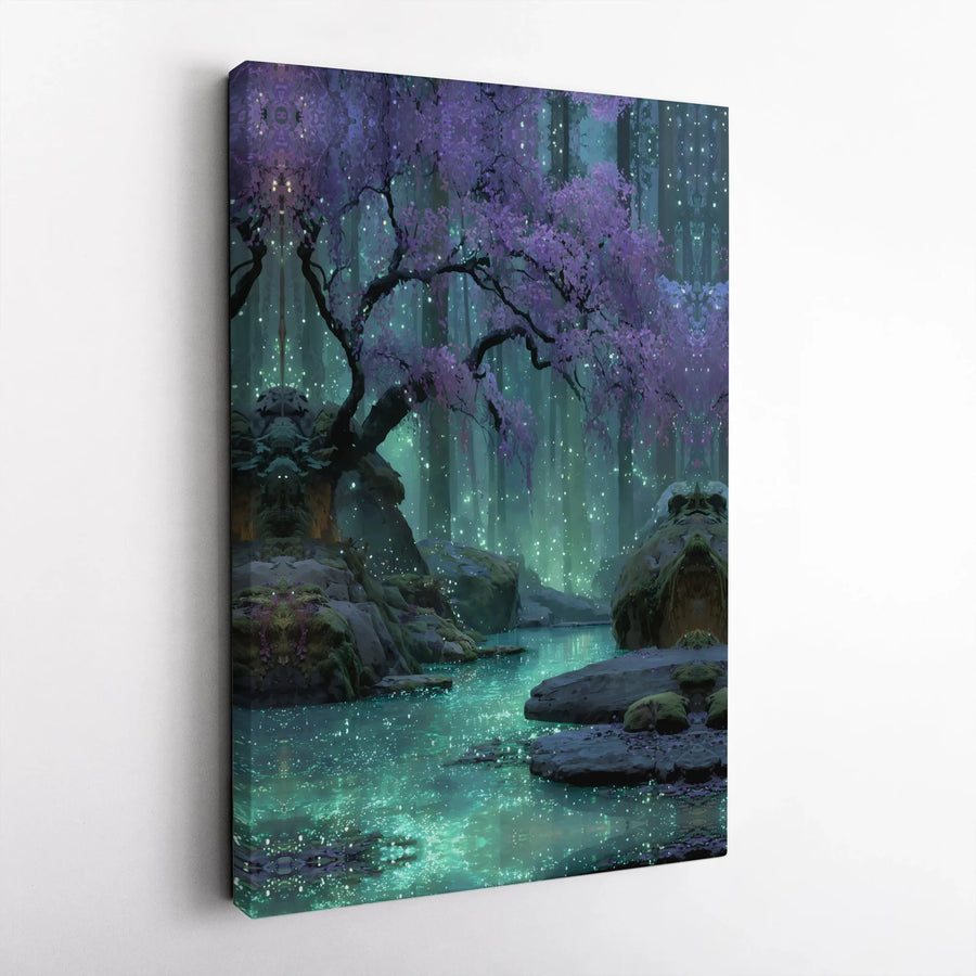Enchanted Forest Canvas Wall Art | Glowing River & Purple Blossom Tree | Premium Gallery Wrap Print | Fantasy Home Decor for Living Room