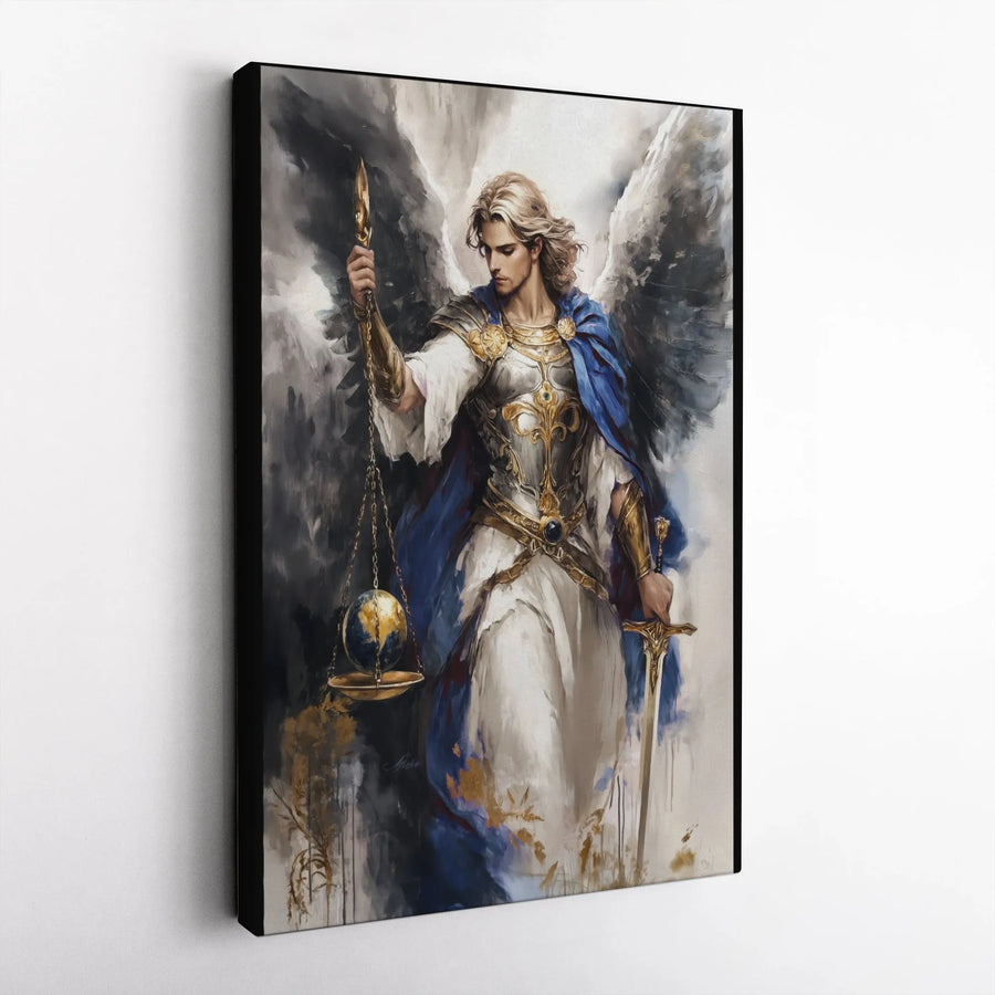 Archangel Michael Canvas Wall Art | Warrior Angel With Scales Of Justice | Premium Gallery Wrap Print | Spiritual Home Decor Gift