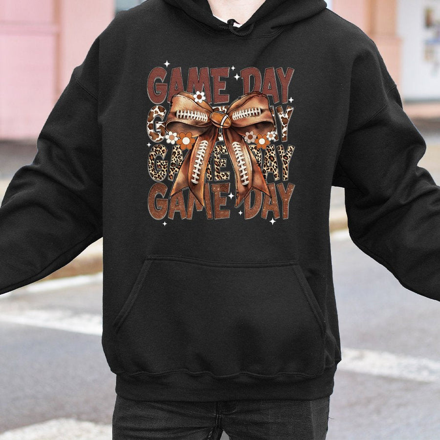 Game Day Football Hoodie | Leopard Print Bow Graphic | Soft Cotton-Poly Blend | Cute Fall Sports Apparel Gift for Women and Fans