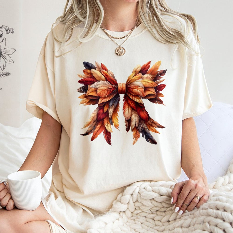 Thanksgiving Feather Bow T-Shirt | Autumn Boho Coquette Aesthetic | Premium Soft Cotton | Fall Holiday Gift for Her