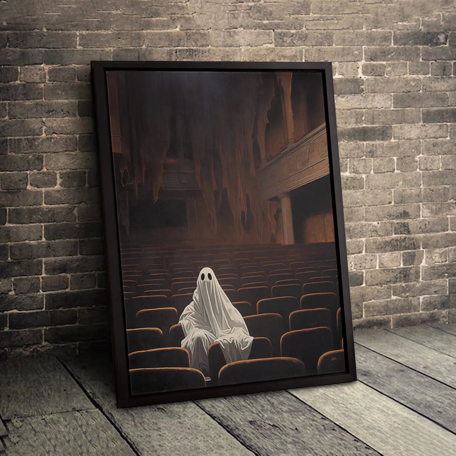 Ghost in Movie Theater Canvas Wall Art | Surreal Horror Movie Decor | Premium Gallery Wrap Print | Spooky Gothic Home Decor Gift for Film Lovers