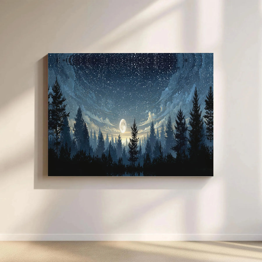 Night Sky Forest Canvas | Starry Night Landscape with Full Moon | Premium Fade-Resistant Print | Nature Lover Gift for Bedroom Decor