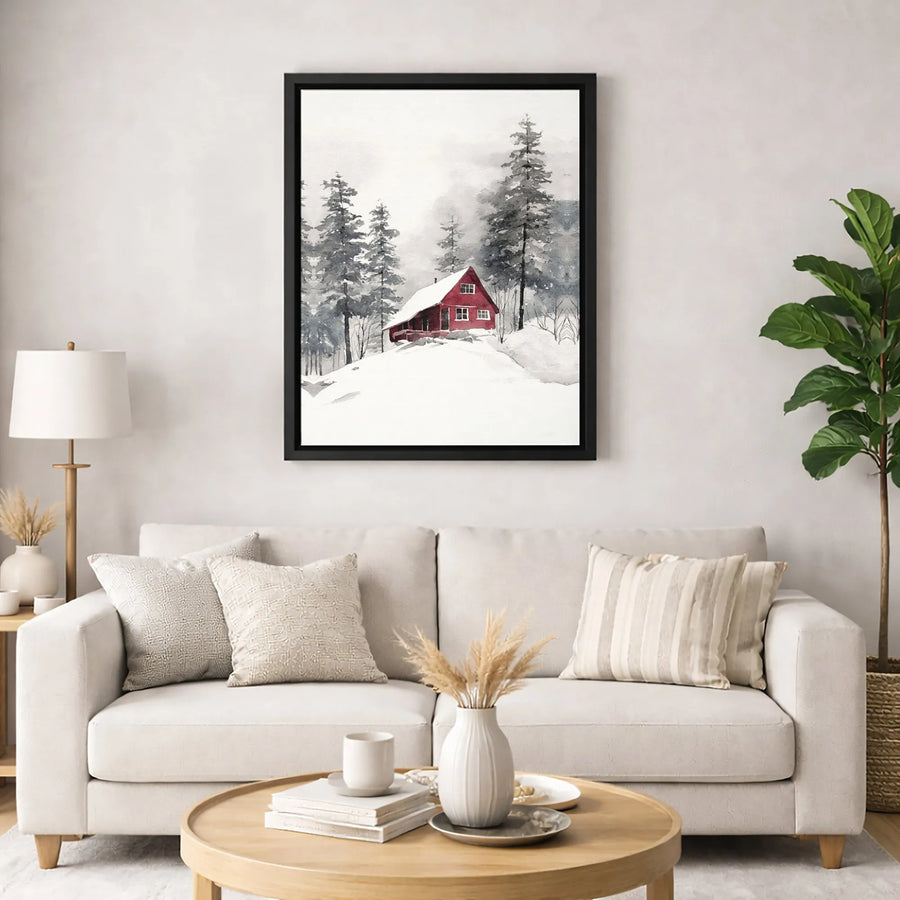 Watercolor Red Cabin Canvas Art | Snowy Pine Forest Landscape | 1.25-Inch Premium Gallery Wrap | Cozy Winter Wall Decor for Nature Lovers