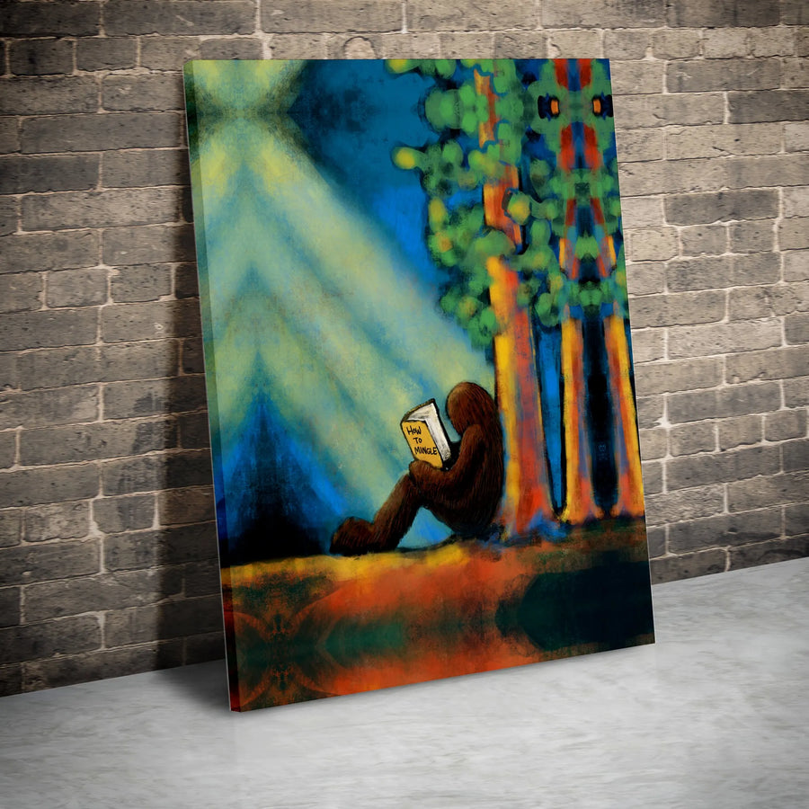 Bigfoot Reading Book Canvas | Funny Sasquatch Forest Wall Art | Premium 1.25-Inch Gallery Wrap | Whimsical Nature Decor Gift for Him