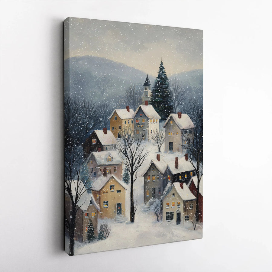 Winter Village Canvas Wall Art | Snowy Christmas Mountain Town Scenery | Premium Gallery Wrap Print | Festive Holiday Home Decor Gift